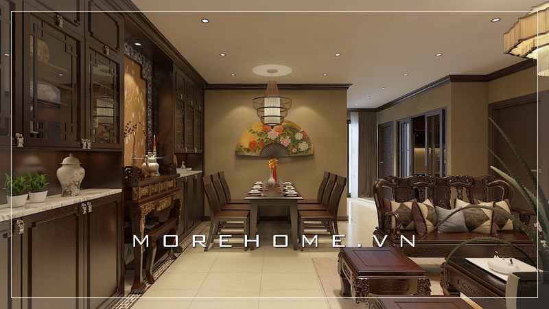 Phong cách Á Đông ấn tượng vẻ đẹp mộc mạc nhưng không kém phần sang trọng trong thiết kế nội thất phòng khách liền phòng bếp ăn.