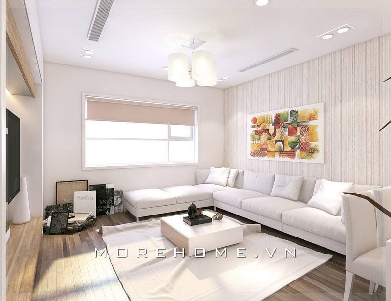 Bạn yêu thích vẻ đẹp tinh tế, trang nhã với tông màu nội thất màu trắng thì có thể tham khảo mẫu thiết kế phòng khách chung cư hiện đại này