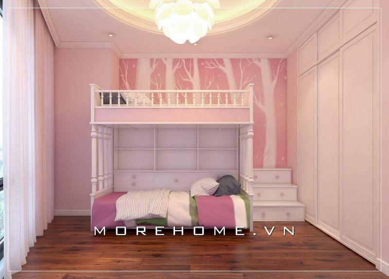 Mẫu giường tầng với thiết kế hiện đại và ấn tượng tone màu hồng nhẹ nhàng cũng được sử dụng phù hợp với khéo léo để tiết kiệm không gian tối đa nhất cho con bạn vừa có không gian nghỉ ngơi và học tập thoải mái nhất