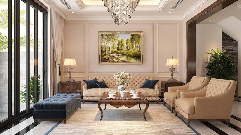 Thiết kế nội thất phòng khách gỗ tự nhiên phong cách tân cổ điển sang trọng, đẳng cấp